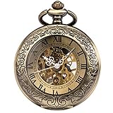 ManChDa Taschenuhr für Herren, spezielle Lupe, mechanisch, Handaufzug, Halbjäger, römische Ziffern, Antike Bronze Taschenuhr mit Kette