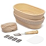 Gärkörbchen Oval 2er Set(Ø 25cm) ,Gärkorb Natürlichem Peddigrohrmit Banneton Proofing Basket Brotform Oval mit 5 Rasierklinge Bäckermesser+Leineneinsatz+Teigschaber für Hausbäcker Brot Backen