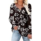 Tunika Damen Plissee Knopfleiste Druck Bluse Lose Rundhals T-Shirt Oberteile Freizeit Rüschen Pullover Bluse Tops Langarmshirt für Frühling