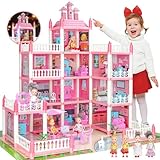 Puppenhaus für Mädchen Kleinkinder - Riesiges Puppenhaus mit 4 Puppen Figur, Möbel, Zubehör, LED Licht, 4 Geschichten Prinzessin Traumhaus Spielzeug Geschenk für Kinder 3 4 5 6 7 8 Jahre alt (Rosa)