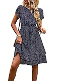 IFFEI Sommerkleid Damen Leicht Boho Blumenkleider Kurz Rüschen Strandkleid mit Gürtel Blau XL