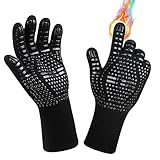 Grillhandschuhe Hitzebeständig 800 Grad, Feuerfeste Handschuhe mit Silikonbeschichtung, rutschfeste Waschbare Weber Grill Handschuh BBQ Gloves für Grill,BBQ,Backen