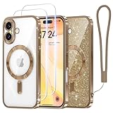 Meifigno Schutzhülle für iPhone 16, 15,5 cm (6,1 Zoll), kompatibel mit MagSafe, 2 x Displayschutzfolien, Glitzerkarte, Handschlaufe, Surround-Objektivschutz, entworfen für iPhone 16 Hülle, Mädchen,