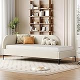 Ctastay Polsterbett Schlafsofa 90x200 cm, Bett Sofabett Tagesbett mit Lattenrost, Gästebett Einzelbett Familienbett, Beige, Samt (Ohne Matratze)