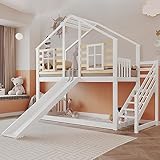 Ymkua Etagenbett Kinderbett 90x200 cm, Hochbett mit Rutsche und Fenster, Holzbett mit Rausfallschutz, Baumhaus Bett mit Treppe und Gitter, Hausbett Bettgestell mit Lattenrost, Weiß, Ohne Matratze