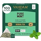 VAHDAM, Pure Mint Kräutertee Beutel (100 Teebeutel) Koffeinfrei | 100% natürliche Zutaten - Pfefferminze, Krauseminze | Minzteebeutel