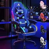 ALFORDSON Gaming-Stuhl, Bürostuhl, Drehstuhl, großer Stuhl, 8-Punkt-Massage, 12-Farben-RGB-LED-Licht, ergonomisch, mit Fußstütze, Kopfstütze und Lendenkissen, Blau und Schwarz