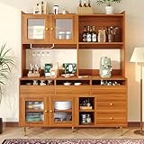 HAINEW Sideboard Küchenschrank mit Glastür und Schublade, Modern Hochschrank Buffet Schrank Aufbewahrungsschrank Beistellschrank mit Offener Stauraum für Küche, Esszimmer und Wohnzimmer (Braun)