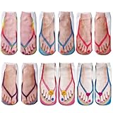 Flip Flop Print 3D Pattern Socks, 6 Paar Lustige Flip-Flop-Muster-Socken, Personalisiert Geschnitten Ankle socken, Bedruckte Socken Offener Zehe, für Frauen, Schwestern, Freunde,(One size-36-42)