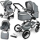 KIDUKU® 3 in 1 Kinderwagen Komplettset | Kombikinderwagen Set inkl. Babywanne Buggy Auto-Babyschale Fußsack | Voll-Gummireifen Wickeltasche Regenschutz Kindertisch (Grau/Silber)