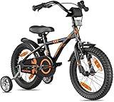 PROMETHEUS BICYCLES Kinderfahrrad 16 Zoll ab 5 Jahren - Kinder Fahrrad Mädchen Jungen Fahrrad Kinder mit Stützräder Rücktrittbremse in Schwarz Matt Orange