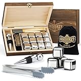 Whisiskey - Whisky Steine Set - 12 Edelstahl Whiskey Steine, Flaschenverschluss & Zange – Geschenke für Männer - Eiswürfel Wiederverwendbar - Männergeschenke