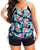 Holipick Zweiteiliger Tankini-Badeanzug für Damen, Übergröße, Bauchkontrolle, Badeanzug, Blouson, Tankini-Top mit Jungen-Shorts, Mehrfarbiges Blumenmuster, 18 Plus