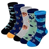 PUTUO Jungen Kinder Socken Kindersocken: Jungs Baumwolle Tiere Motiv Sneaker Socken - Bunt Witzig Lustige Sneakersocken Gestreift Strümpfe Größe 31-34 Mehrfarbig 5 Paare