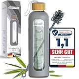 Amalindo Trinkflasche Glas 1L Bruchsicher (Borosilikatglas) - Glasflasche 1 Liter Schraubverschluss - Wasserflasche zum Befüllen inkl. Silikonhülle & Bürste (BPA-frei) - Water Bottle Glass