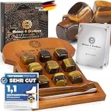 Whiskey Steine Set- 9 Tigeraugen Steine- Graviertes Bambus Gestell- Kühlsteine- Whisky Geschenke für Männer- Wiederverwendbare Eiswürfel- Whiskey stones- Whisky Geschenkset