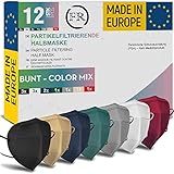 FiRiO® 12x FFP2 Maske bunt [MADE IN EUROPE] - Farbige FFP2 Maske CE zertifiziert nach EN 149:2001+A:2009 - 12x [7 Farben] atmungsaktive FFP2 bunt: FFP2 Maske schwarz weiß blau grün grau beige & rot