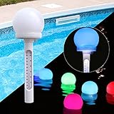 Schwimmende Pool Thermometer, Solarbetriebenes Teichthermometer mit RGB Farbwechsel LED Kugellicht, Leicht Ablesbares Schwimmbadthermometer Bei Nacht, Wassertemperatur-Thermometer für Spa, Whirlpool