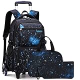 Voici et Voila 3PCS Schulrucksack Trolley Jungen Schulranzen mit Rollen Kinder Wanderrucksack Schultasche mit Rollen Kinder Koffer Rucksack mit Rollen Mädchen Teens Galaxy Dunkelblau 30x23x46cm