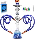 Shisha Set Wasserpfeife 4 Schläuche Hookah Komplett 56cm Wasserpfeife Shisha mit Tauchrohr Diffusor Glasflasche Bowl Schornsteinköpfe Zange Mundstück (Blau QZ1)