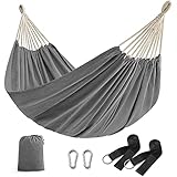 SONGMICS Hängematte 210x150cm Doppel Hängematte 300kg Tragkraft für Terrasse Balkon Garten Outdoor Camping mit Tragetasche, Befestigungsgurte und Karabiner, Grau GDC15GY