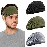 Linlook Sport Stirnband für Herren und Damen - Breit Schweißband für Fitness Joggen Laufen Radfahren Wandern Crossfit und Yoga - Hoch Dehnbar Haarband für Damen und Herren (Grau+Schwarz+Khaki)