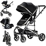 Doraystar Kinderwagen 3 in 1, Kombikinderwagen 3 in 1 mit Zwei Umkehrbaren Schiebemodi, Kinderwagen Set mit Ein-Klick-Faltdesign, Kinderwagen Komplettset Rahmen Aluminiumlegierung (739 Black)