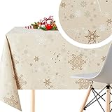 KP Home Wachstuchtischdecke Weihnachten PVC Tischdecke Schneeflocken mit Abwischbare Wachstuch - Rechteck 200x140 Wachstischdecke Pflegeleicht Wasserdichtes Wachstuchtischdecke Beige Vinyl Tischdecke