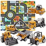 HERSITY Mini Spielzeugautos Metall, Kinder Bagger Kran LKW Sandkasten Spielzeug Klein mit Baustelle Spielmatte, Kuchendeko Baustellenfahrzeuge Geburtstag Kinderspielzeug ab 3 Jahre Jungen Mädchen