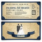 Kartenmachen.de Personalisierte Einladungskarten zur Hochzeit (ab 10 Stück Sets selbst gestalten) als Eintrittskarte mit echtem Abriss im Vintage Ticket Look Hochzeitskarten in Blau