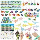 Dreamtop 122 Stück Dinosaurier Party Mitgebsel Dinosaurier Partytüten Mini Dinosaurier Leuchtende Figuren Tattoo Schnapparmband Schlüsselanhänger Ringe Aufkleber für Junge Kindergeburtstag