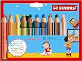 Buntstift, Wasserfarbe & Wachsmalkreide - STABILO woody 3 in 1 - 10er Pack mit Spitzer - mit 10 verschiedenen Farben