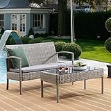 TMEE Graues Rattan-Gartenmöbel-Set, 2-teilig, für Terrasse, Außenbereich, Rattan, Sofa, Bank mit Glas-Couchtisch, für Pool, Hinterhof, Balkon