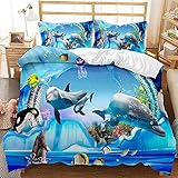 EHAOKK 3D Delfin bettwäsche 135x200,Delfin,Tropischer Fisch,Korallen,Meeresleben Bettbezug,Blaue Unterwasserwelt Bettbezug für Kinder