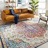 Surya Rabat Vintage Teppich groß - Teppich Wohnzimmer 200x274 cm, Esszimmer, Schlafzimmer - Orientalischer Teppich Boho Style - Carpet Living Room, Bunter Muster, Fuchsie, Elfenbein, Orange und Blau