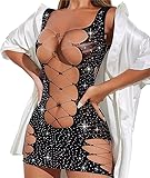 Damen Partykleid,Damen Kurzes Kleid aus Fischnetz,Clubwear Partykleid Mesh-Einsätze，Sexy Minikleid Dessous Set，Sexy Bodycon Fischnetz Minikleid