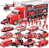 JOYIN 25-in-1 Feuerwehrauto Spielzeugset mit Geräuschen und Lichtern, Feuerwehr Fahrzeuge im Trägerwagen, Mini-Rettungs Feuerwehrauto-Spielzeug, Geburtstagsgeschenk-Spielzeug für Jungen ab 3 Jahren