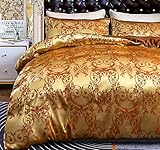 Menkala Satin Bettwäsche 200x200 Gold Seide Jacquard Bettbezug 3teilig Barock Stil Vintage Blumen Muster Seidenbettwäsche Luxus Microfaser Wendebettwäsche mit Reißverschluss und 2 Kissenbezüge 80x80