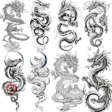 8 Blatt Schwarz Drache Temporäre Tattoos Herren Damen Männer Frauen Klebetattoos Erwachsene Arm, Wasserfest Langlebige Realistisch Fake Tattoo Aufkleber Drachen, Lindwurm Tribal Totem Drachen Tattoos