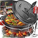 KESSER® Dutch Oven Set BBQ 9 Liter, Feuertopf Schmortopf mit Edelstahluntersetzer, Gusseisen Topf mit Deckelheber Henkel und Schlitz für Themormeter, kochkessel Grilltopf für Oudoor & Indoor