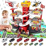 BuzzoXerex 5 Stockwerke Parkgarage für Kinder, Autorennbahn mit 14 Autos und 2 Hubschrauber, Spielzeug Parkhaus mit Aufzug, Licht & Sound, Geschenke für Kinder 5 6 7 8 9 Jahren (Brandbekämpfung)