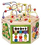 EverEarth 7 in 1 großer Motorikwürfel aus nachhaltigem Holz - Kinderspielzeug mit Motorikschleife 39 x 35,5 x 41 cm - Kinder Spiele Center mit unbedenklichen Wasserfarben - Spielwürfel EE33285