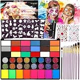 Vautvis Kinderschminke Set, Gesichtsfarben Kinderschminken Set 42 Farben Schminkpalette, 11 Berufs Pinsel, 4 Vorlagen Und 2 Aufkleber, Halloween Schminke Theaterschminke Bodypainting Farben Mädchen