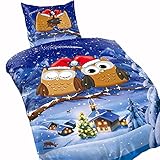 Leonado Vicenti - Fleece Bettwäsche 135 x 200 Eulen Weihnachten Winter Flausch Garnitur Set Bettbezug Kissenbezug