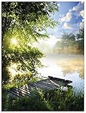 ARTland Wanddeko Glasbilder Wandbild Glas Bild einteilig 60x80 cm Hochformat Natur Landschaft Wald Baum See Steg Sommer Sonne Gräser T0WD